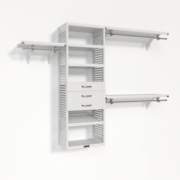 72 in. W - 120 in. W White Walk in with 3 Shaker Style Drawers 16 in. Shelf Wood Closet System