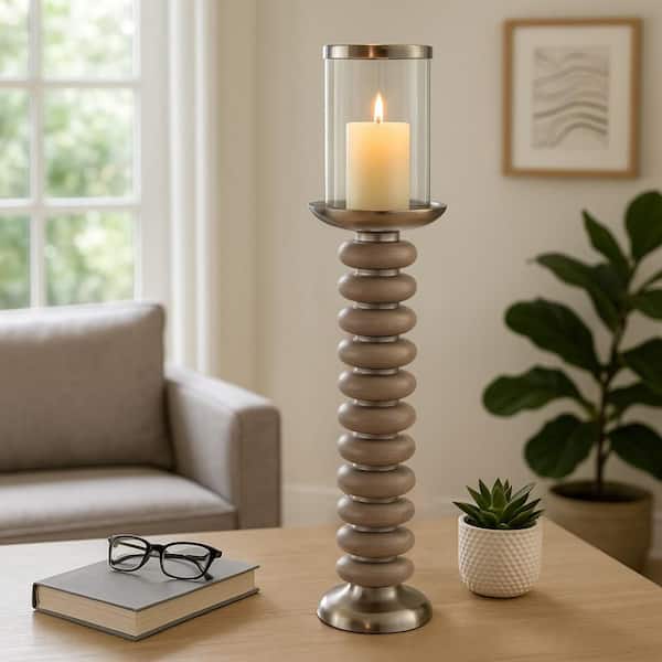 25 in. Tan/Ivory Metal Decorative Pillar Candle Holder with Ring Wood Accent