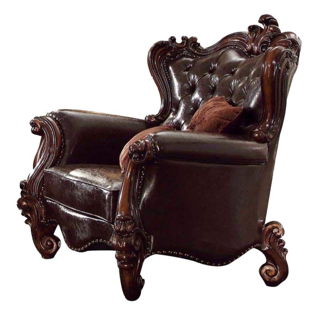Versailles Dark Brown Faux Leather and Cherry Oak Chair with Pillows