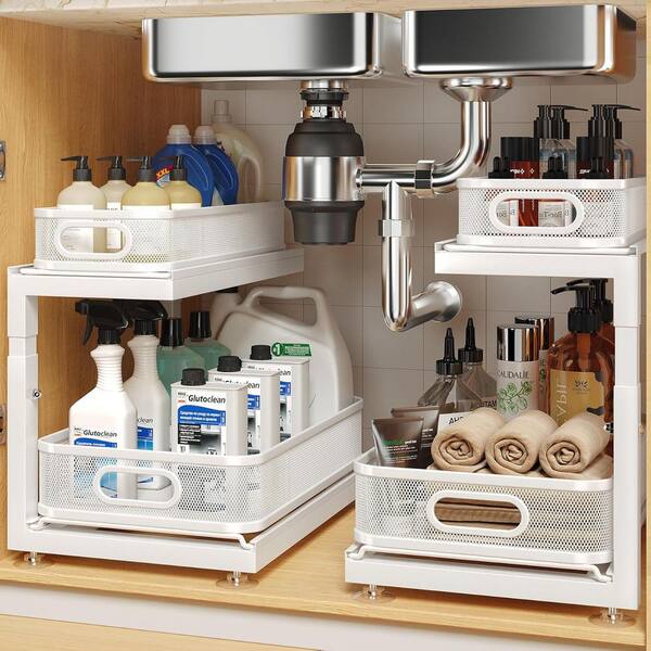 Anqtovp 2-Tier Under Sink Storage Organizer Slide Out Drawer Mesh