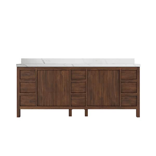 Willow Collections Elizabeth Teak 84 in. W x 22 in. D x 36 in. H Double Sink Bath Vanity in Dark Walnut with 2 in. Calacatta Laza Top