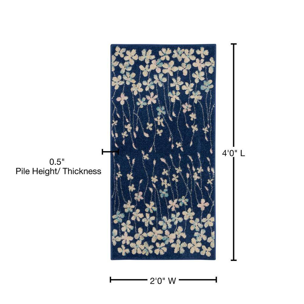 Navy Floral Whisper Rectangular Viscose 2' x 4' Area Rug