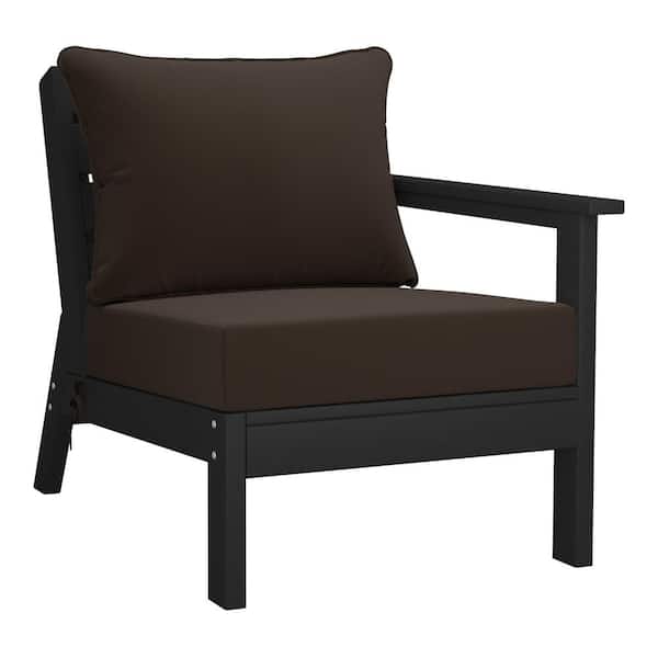 Birchwood Outdoor Patio Deep Seating Right Facing Arm HDPE Lounge Chair in Black with Brown Cushions
