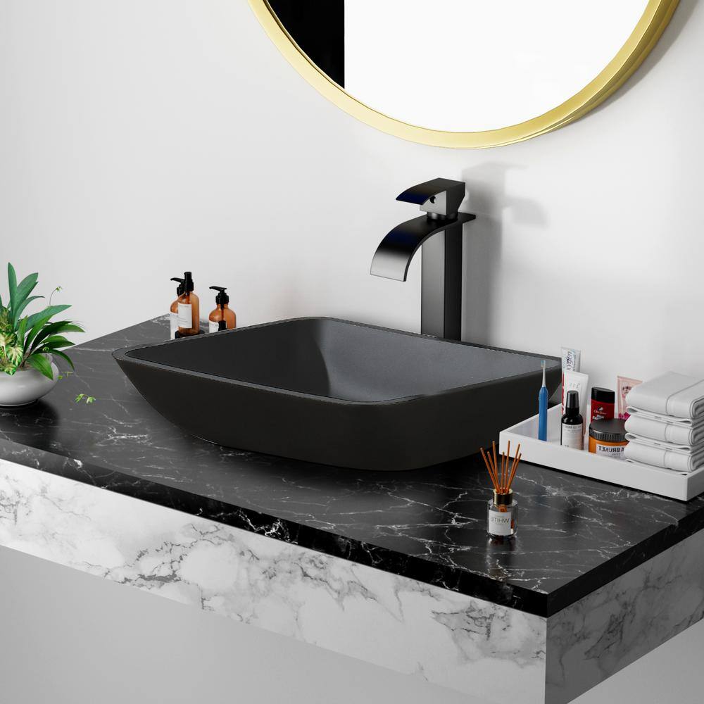 HBEZON Terpsichore Matte Black Tempered Glass Rectangular Vessel Sink with Faucet and Pop Up