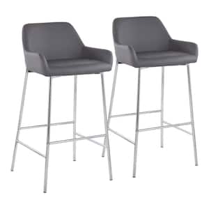 Daniella 38 in. Fixed Height Grey Faux Leather and Chrome Bar Stool (Set of 2)
