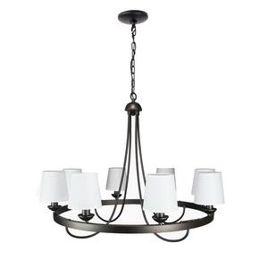 Baden 8-Light Rustic Vintage Black Wagon Wheel Chandelier with White Fabric Shades