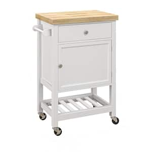 White Wood 25 in. W Kitchen Island With Smooth Rubberwood Top, Narrow Kitchen Cart on Wheels with Drawer & Cabinet