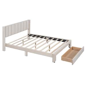 Beige Wood Frame Full Velvet Upholstered Platform Bed with a Big Drawer