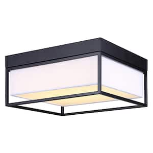 BRETTON 12 in. 1-Light Integrated LED Black Contemporary Flush Mount with White Fabric Shade