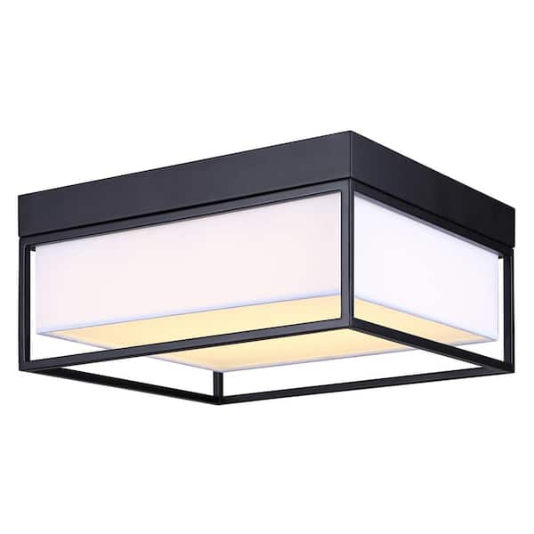 CANARM BRETTON 12 in. 1-Light Integrated LED Black Contemporary Flush Mount with White Fabric Shade