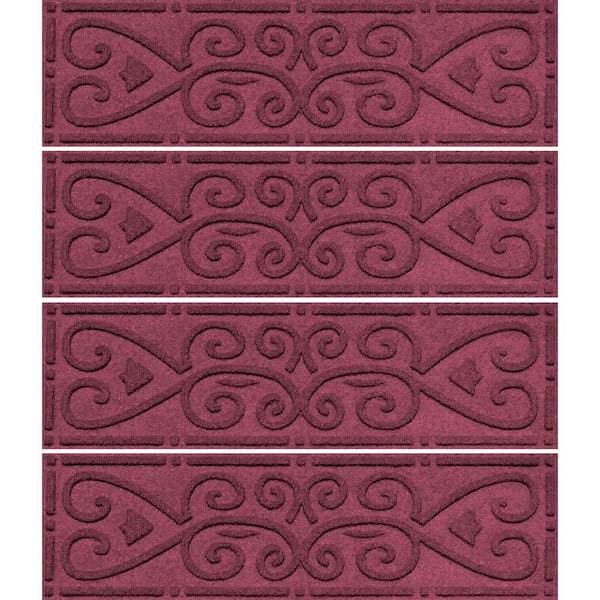 Bungalow Flooring Waterhog Scroll 8.5 in. x 30 in. PET Polyester Indoor Outdoor Stair Tread Cover (Set of 4) Bordeaux