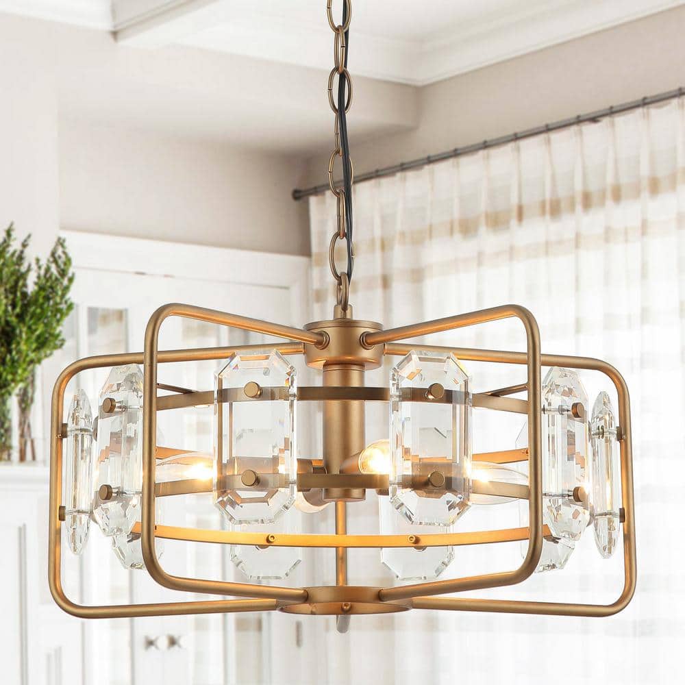 Flint Garden Modern 4-Light Gold Metal Cage Crystal Chandelier