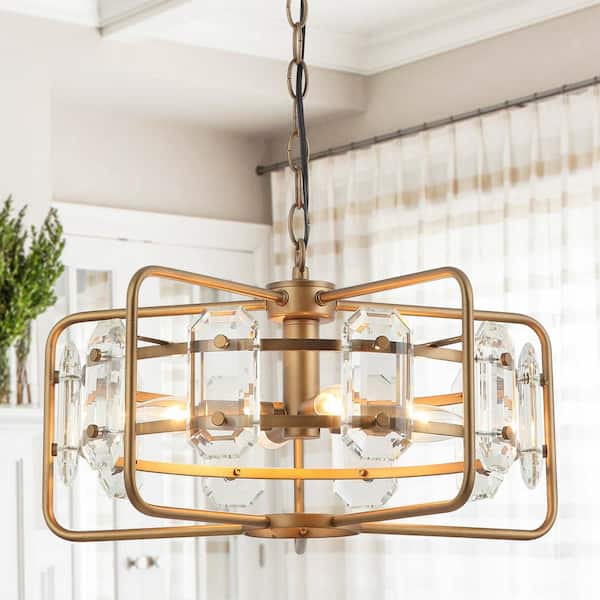 Modern 4-Light Gold Metal Cage Crystal Chandelier Round Hanging Pendant Light for Kitchen Dining Room