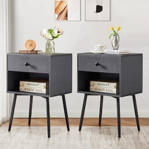 Nightstands (Set of 2), Industrial 2-Tier Wood End Tables with Storage Drawer, Mid-Century Modern Side Tables, Gray