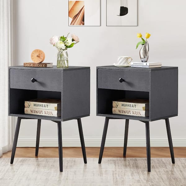 VECELO Nightstands (Set of 2), Industrial 2-Tier Wood End Tables with Storage Drawer, Mid-Century Modern Side Tables, Gray