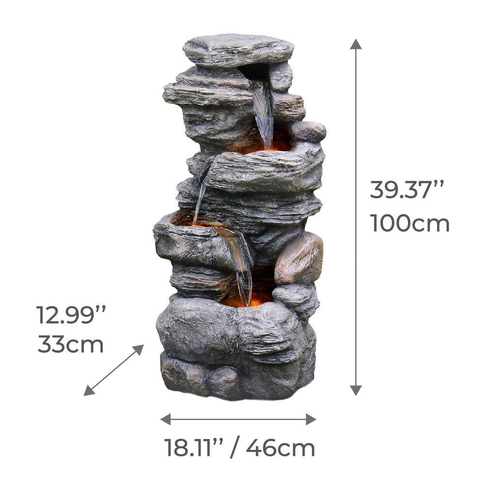 Teamson Home Gray 4-Tier Faux Stone Water Fountain with LED Lights