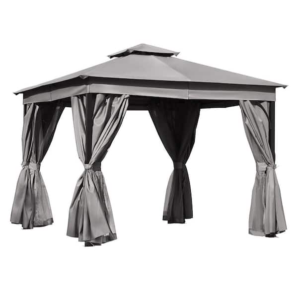 10 ft. x 10 ft. Outdoor Grey Patio Steel Gazebo Tent with Double Roofs and Mosquito Netting for Backyard Lawn and Deck