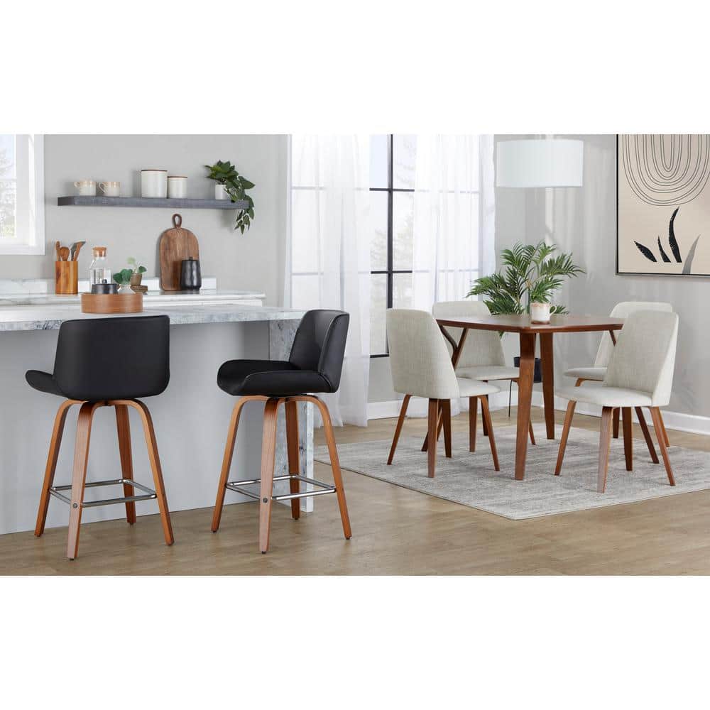 Beige Upholstered Side Chair with Walnut Wood Legs, Set of 2