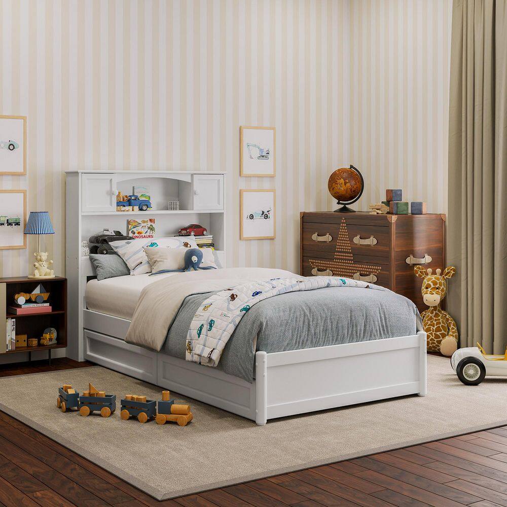Hadley Twin White Wood Platform Bed with Storage Drawers