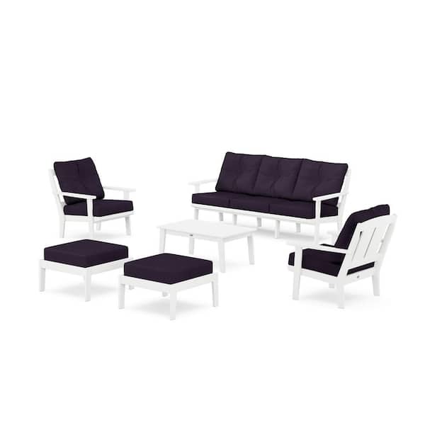 POLYWOOD Mission 6-Pcs Plastic Lounge Sofa Set in White/Navy Linen Cushions