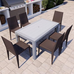 Mace Modern 7-Pcs Patio Dining Set with Stackable Plastic Dining Chairs and Rectangular Dining Table (White/Brown)