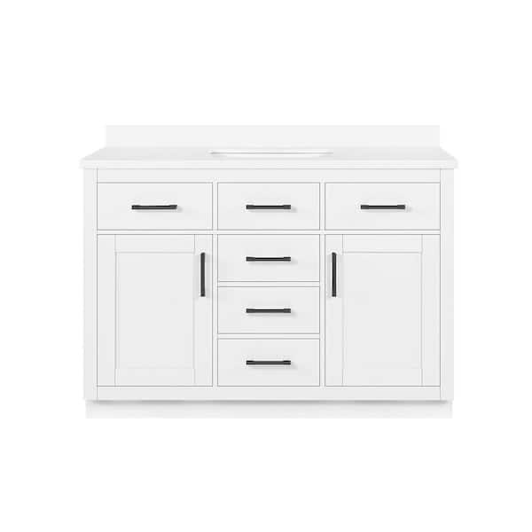 Bailey 48 in. Freestanding White Bath Vanity with White Quartz Top, Power Bar and Matte Black Hardware