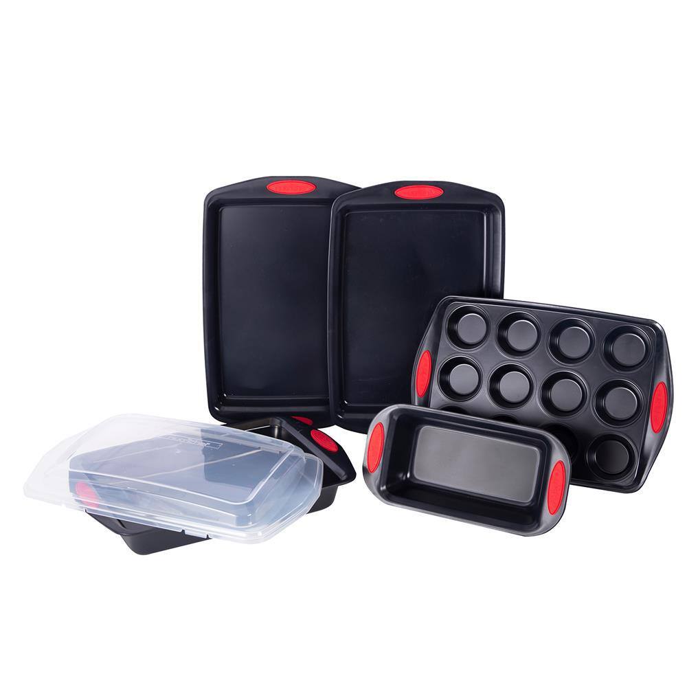 NutriChef 6-Piece Nonstick Carbon Steel Bakeware Set with Red Silicone Handles