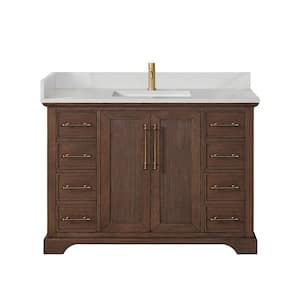 Tokyo 48 in. W. x 22 in. D x 33.9 in. H Single Bath Vanity in Aged Dark Brown Oak with Silk White Quartz Stone Top