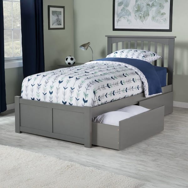 AFI Mission Grey Twin Solid Wood Storage Platform Bed with Flat Panel Foot Board and 2 Bed Drawers