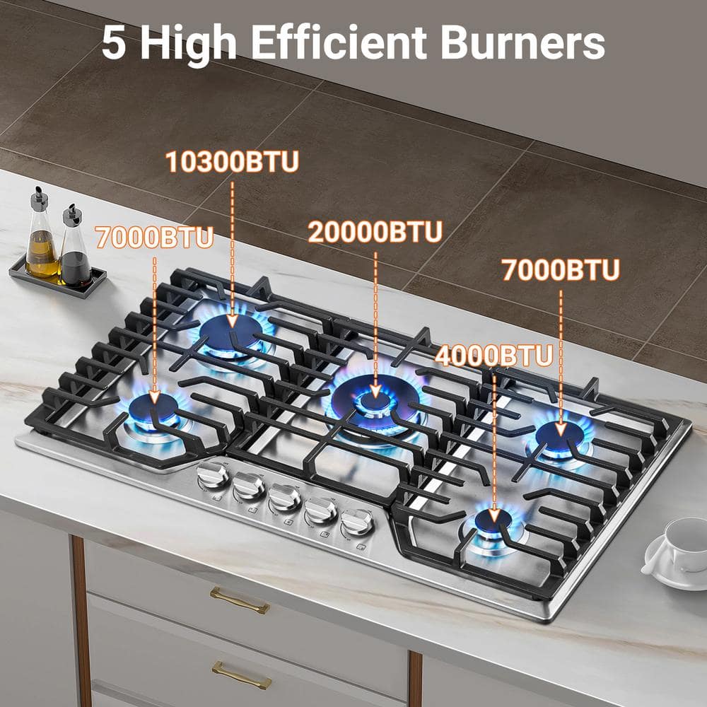36 Inch Stainless Steel Gas Cooktop with 5 Burners and Griddle