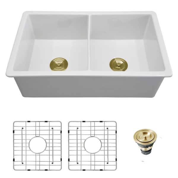 32 in. Undermount Double Bowls 50/50 Glossy White Fireclay Kitchen Sink with Drain Assembly and Bottom Grid