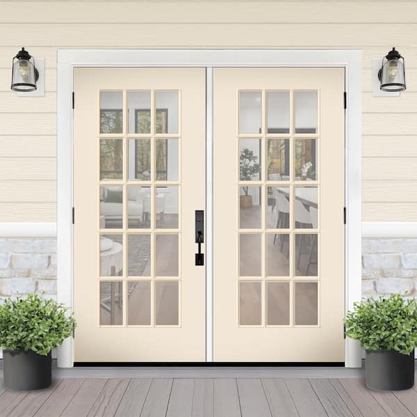 Reliant 64 in. x 80 in. FullLite 15L-SDL ClearGlass RHOS Linen Finish Fiberglass Double Prehung Front Door w/4in. Jamb