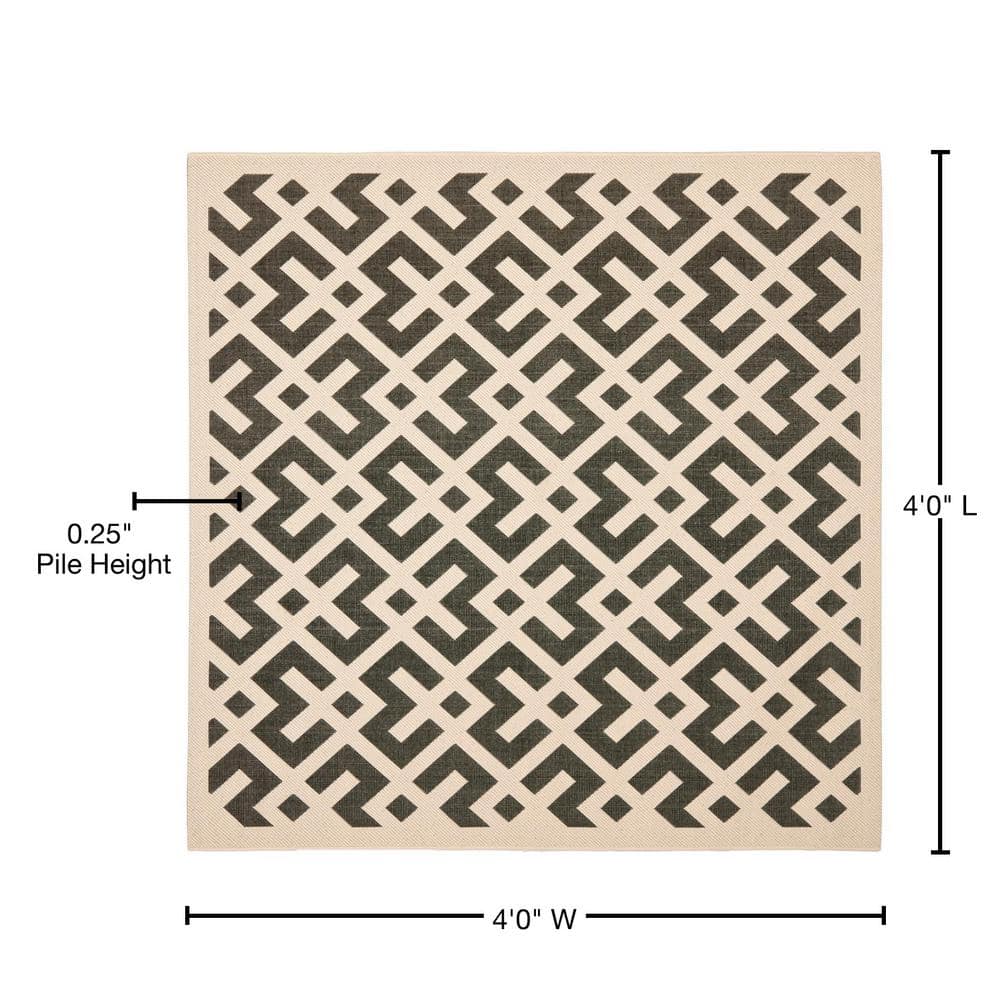 Courtyard Black and Beige 4' Square Geometric Indoor/Outdoor Rug