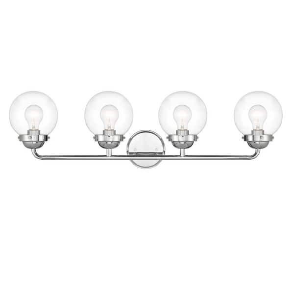Knoll 33 in. 4-Light Chrome Retro Vanity Light with Clear Glass Shades