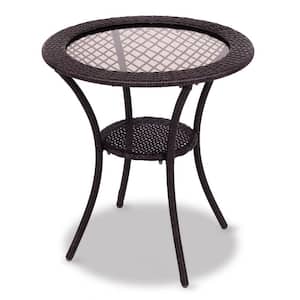 26 in. Dia PE Rattan Outdoor Bistro Table with Tempered Glass Tabletop and Lower Shelf
