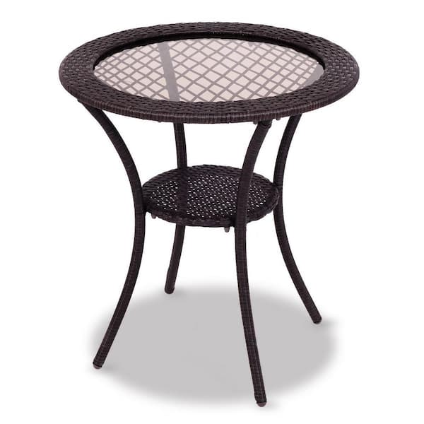 WELLFOR 26 in. Dia PE Rattan Outdoor Bistro Table with Tempered Glass Tabletop and Lower Shelf