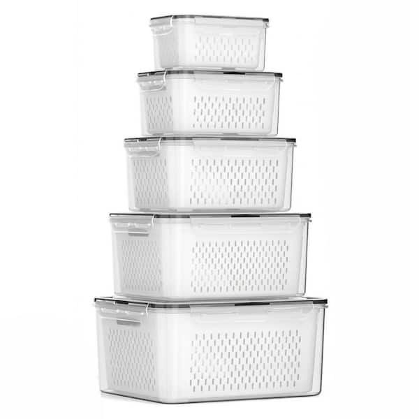 5-Pieces Airtight Fruit and Vegetable Storage Containers Set with Removable Colander for Fridge Stackable Food Organizer