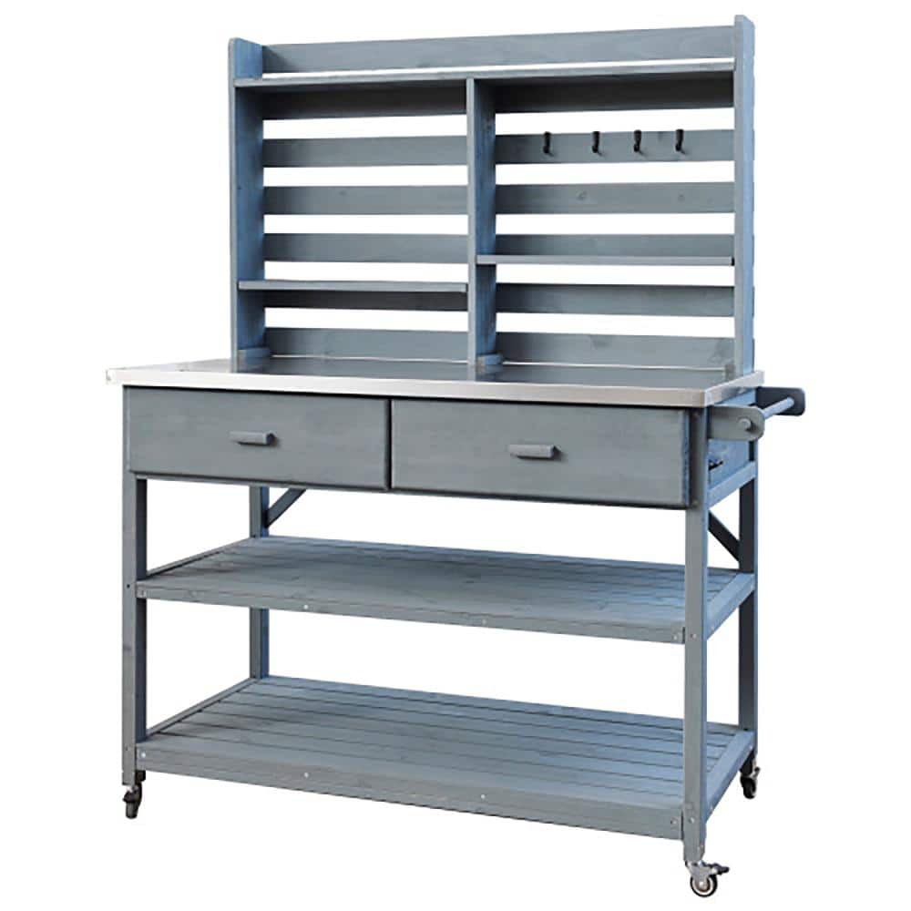47.5 in. W x 64.9 in. H Gray Solid Wood Outdoor Potting Bench Table with Stainless Steel Top and Upper Hutch price history on PriceWatchPro