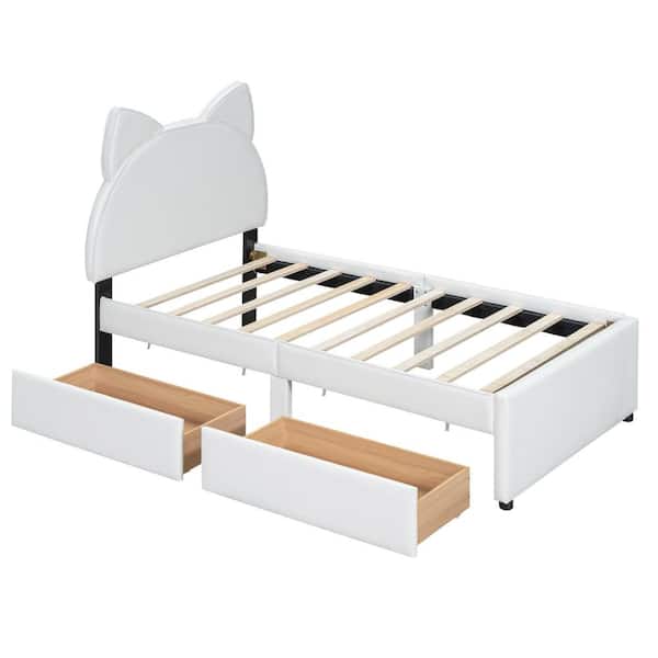 White Wood Frame Twin Platform Bed with Cartoon Ears Shaped Headboard and 2 Drawers