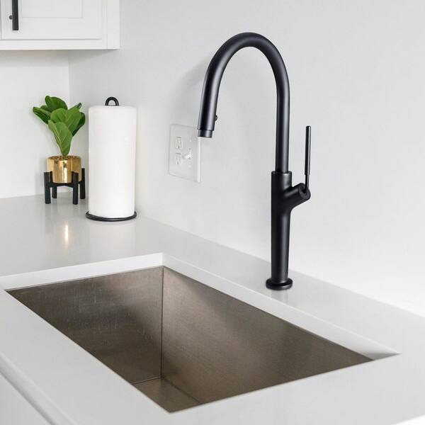 1-Handle 1-Hole 18 in. H Pull Down Sprayer Kitchen Faucet 2-Spray Sink Faucet in Matte Black