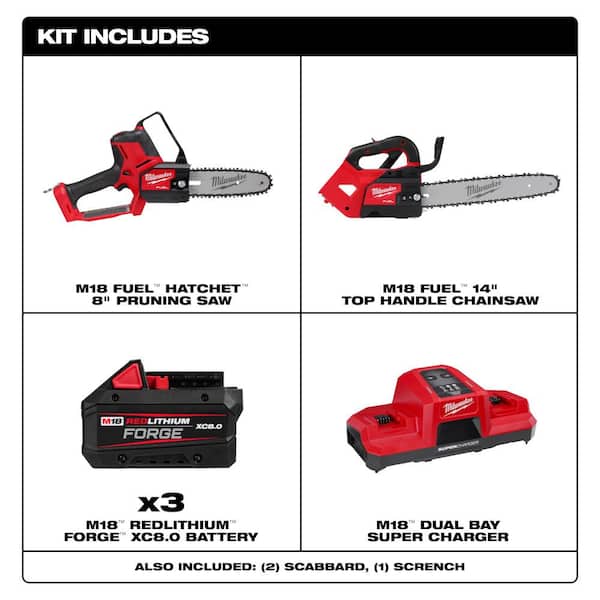 M18 FUEL 18V Brushless Battery 8 in HATCHET Pruning Saw 14 in Top Chainsaw, (3) FORGE 8.0 Battery, Dual Super Charger