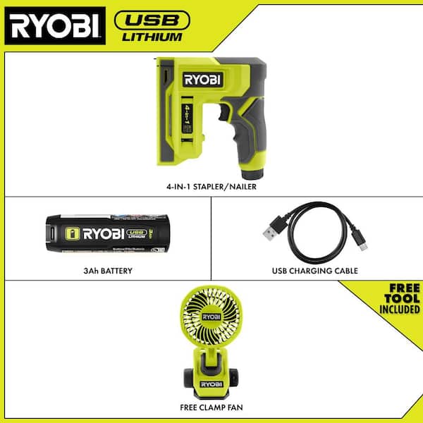 USB Lithium Cordless Craft 4-in-1 Stapler/Nailer Kit, 3.0 Ah Battery and USB Lithium Cordless Clamp Fan