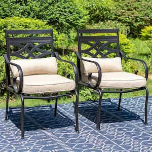 Black Stationary Arm Metal Outdoor Dining Chair with Beige Cushions (2-Pack)