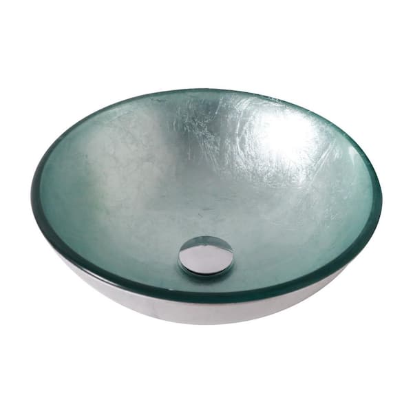 15.55 in. Round Bathroom Artistic Tempered Glass Vessel Bathroom Sink with Pop-Up Drain, Silver