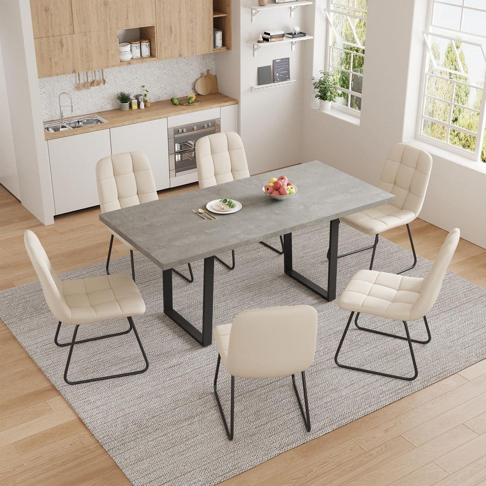 GOJANE 7-Piece Set of White Chairs and Gray MDF Top Retractable