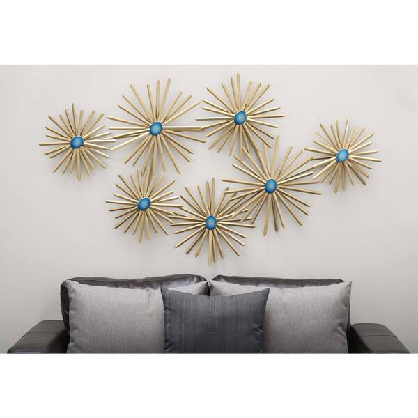 Litton Lane 59 in. x 35 in. Modern Iron and Turquoise Resin Spiked Floral Metal Wall Decor