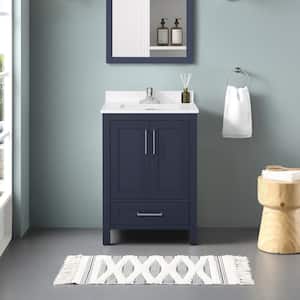 Kansas 24 in. W x 19 in. D x 34 in. H Single Sink Bath Vanity in Midnight Blue with White Engineered Stone Top