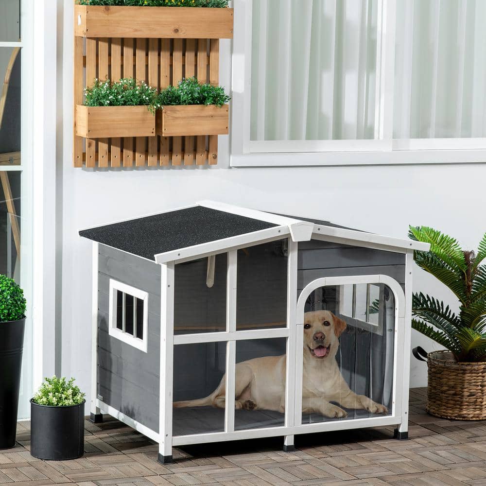 Large Storm Gray and White Wooden Dog House with Openable Roof