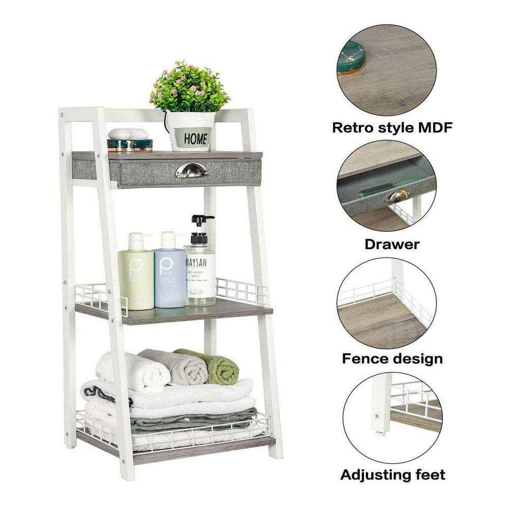 White MDF and Iron 3-Tier Freestanding Bathroom Ladder Shelf with Drawer