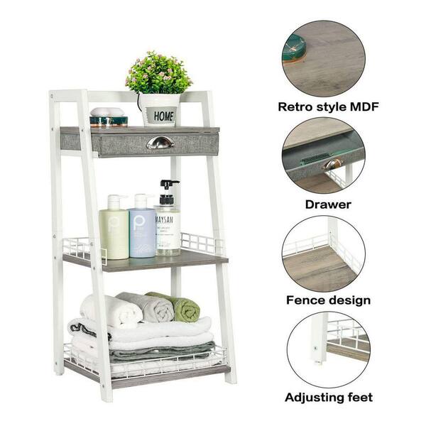 Dracelo 3-Tier White Bathroom Ladder Shelf, Bathroom Floor Storage Shelf with Drawer